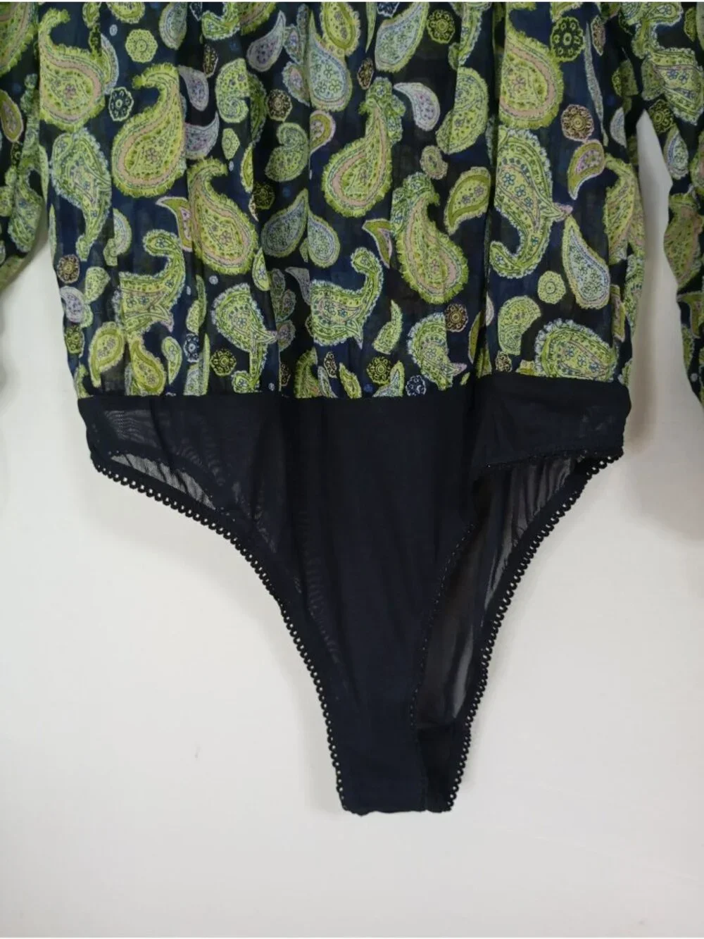 Free People Paisley Print Bodysuit Long Sleeves & Drawstring Cuffs XL Navy Green - Picture 5 of 13